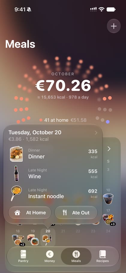 Halo's meal calendar: a day's meals with kcal for each