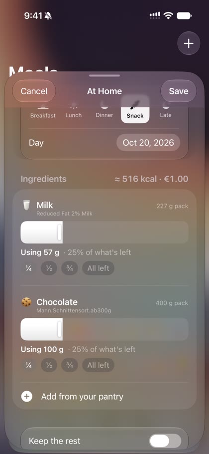 Logging a snack in Halo: slide how much milk and chocolate you had, kcal updates