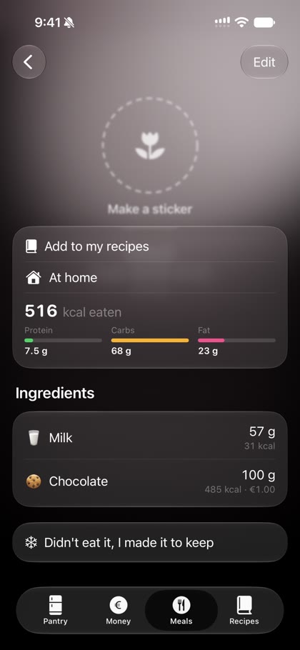 A logged snack in Halo: 516 kcal eaten with protein, carbs and fat