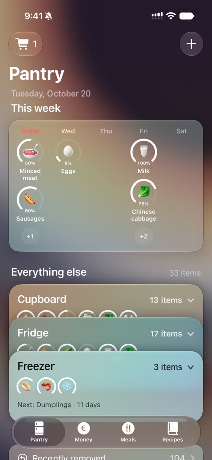 Halo's pantry on iPhone: this week's food to eat first, then cupboard, fridge and freezer cards