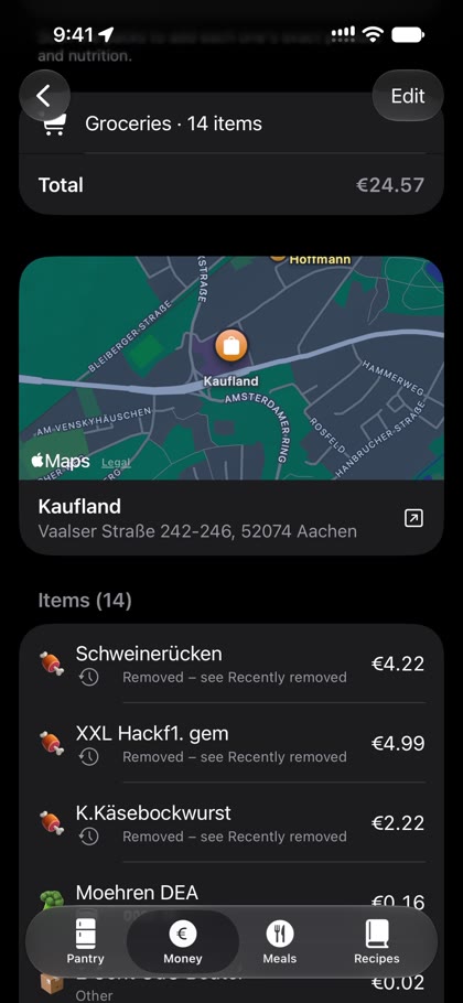 Ein gespeicherter Kassenbon in Halo mit Geschäft auf der Karte und jedem Preis